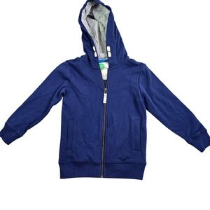 Mini Boden Rocket Ship Zip Hoodie Boys 5-6 Navy Blue Rainbow Stripe Cotton Space